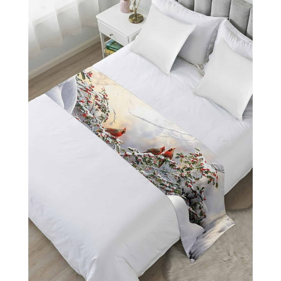 Christmas Bed Runner for Full/ Queen Size Bed, Xmas Birds Berry Botanical Snowflake Bedspread Protector Slipcover Bed Scarf for Foot Bed Runners & Scarves for Bedroom Hotel Wedding Room 83x20 Inches