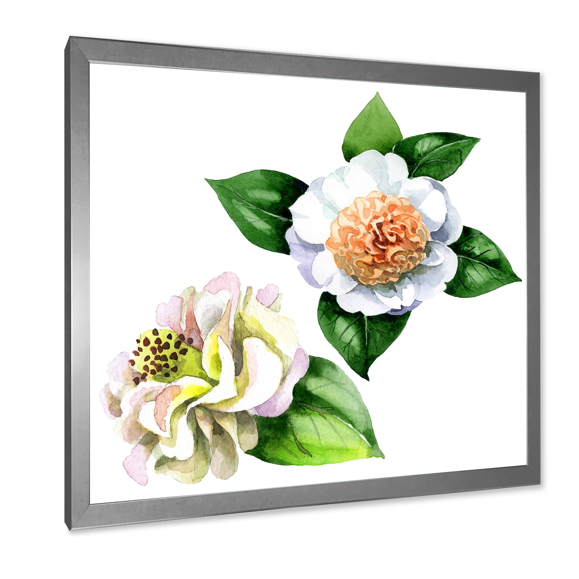 Designart 'Ancient White Camellia Flowers With Green Leaves' Traditional Framed Art Print