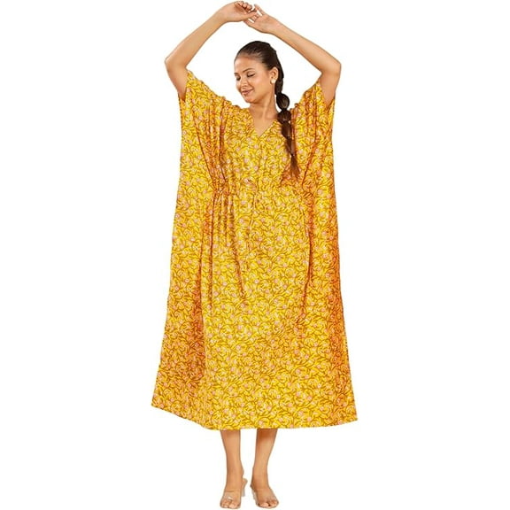 Women Cotton Kaftan Dress Soft, Breathable Lounge Maxi with Pockets & Slits