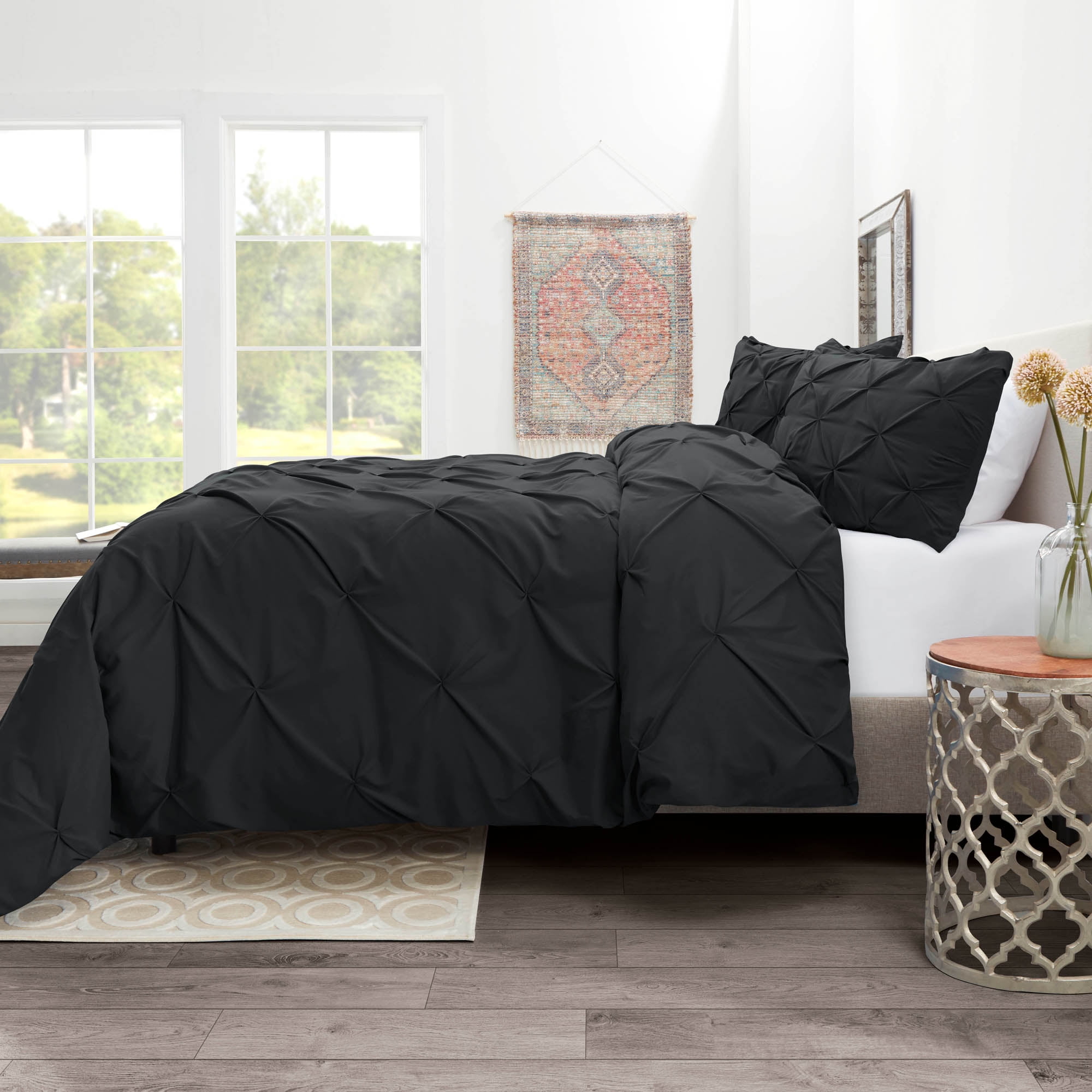 Nestl 3 Piece Pinch Pleated Pintuck Duvet Cover Set with Shams, Soft Microfiber,Button Closure Bedding Set, Queen - Black