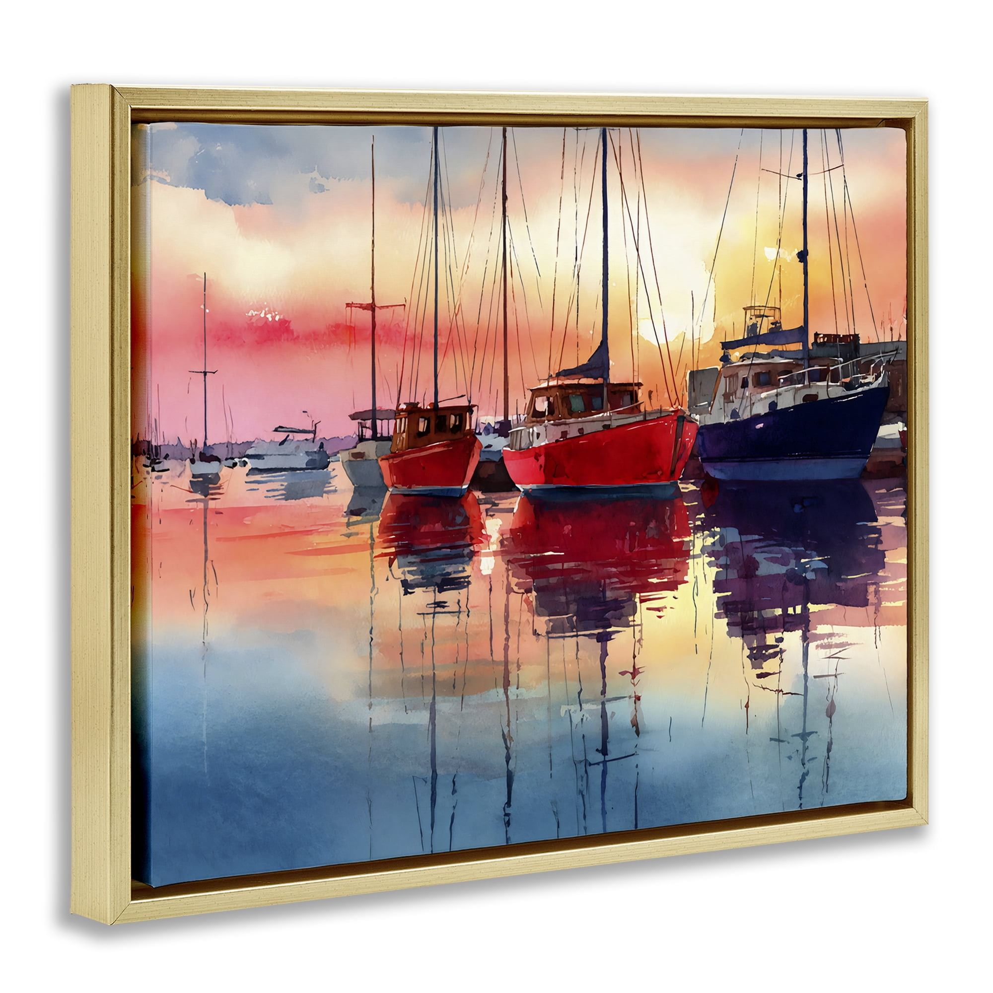 Stupell Industries Red & Blue Boats at Sunset Gold Framed Floater Canvas Wall Art, design by Franklyn Gregory