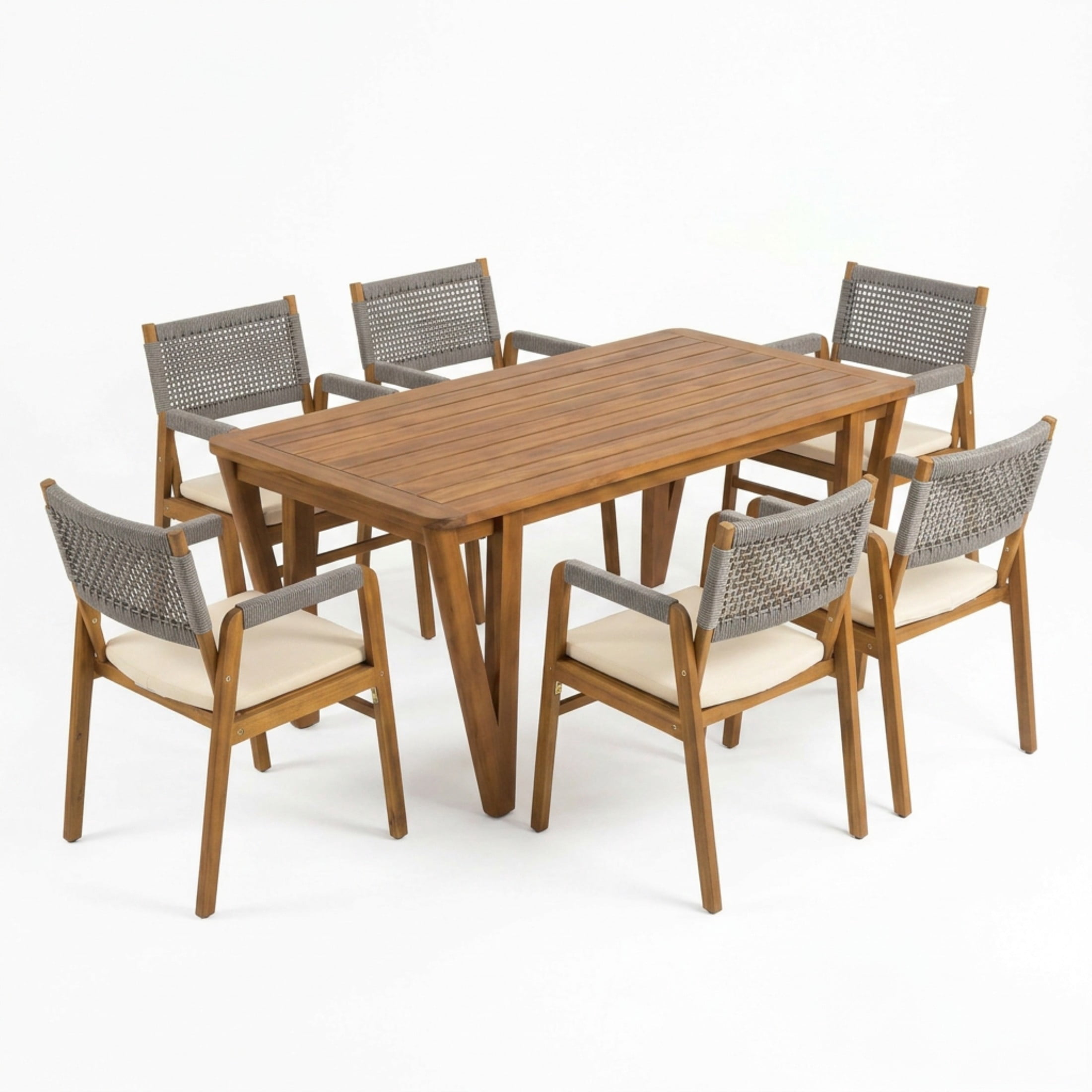 Christopher Knight Home 7-Piece Wood Modern Patio Dining Set with Rope Armchairs and Cushion, Gray