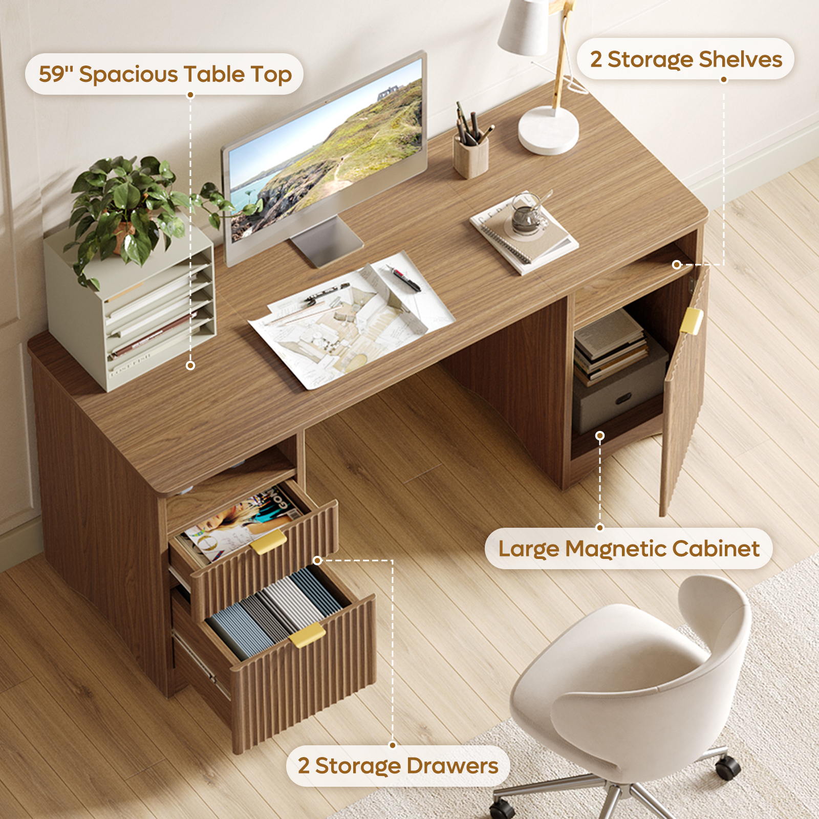 Bestier 59-Inch Modern Executive Desk with Storage, Brown photo 8