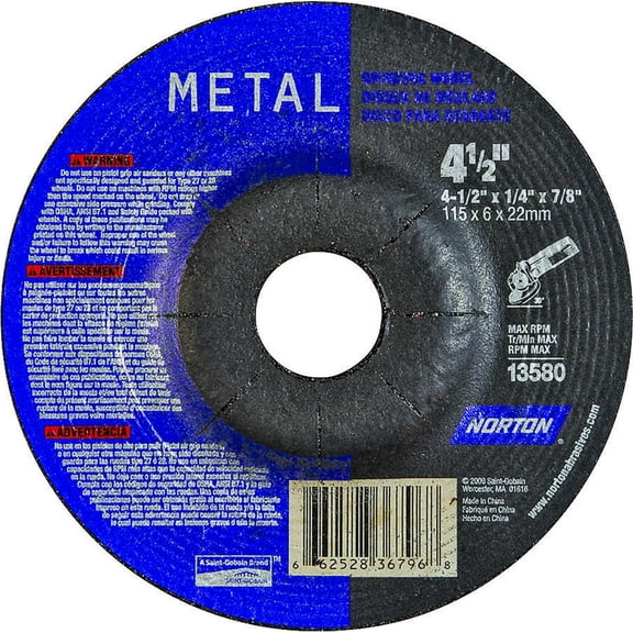 Norton 36796 Type 27 Depressed Center Grinding Wheel, 4-1/2 in Dia x 1/4 in T, 7/8 in Arbor