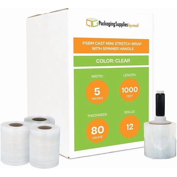 PSBM Cast Mini Hand Stretch Wrap 5" x 1500' 12 Rolls 80 Gauge Clear Shrink Film for Packing 1 Free Plastic Spinner Handle Per Case