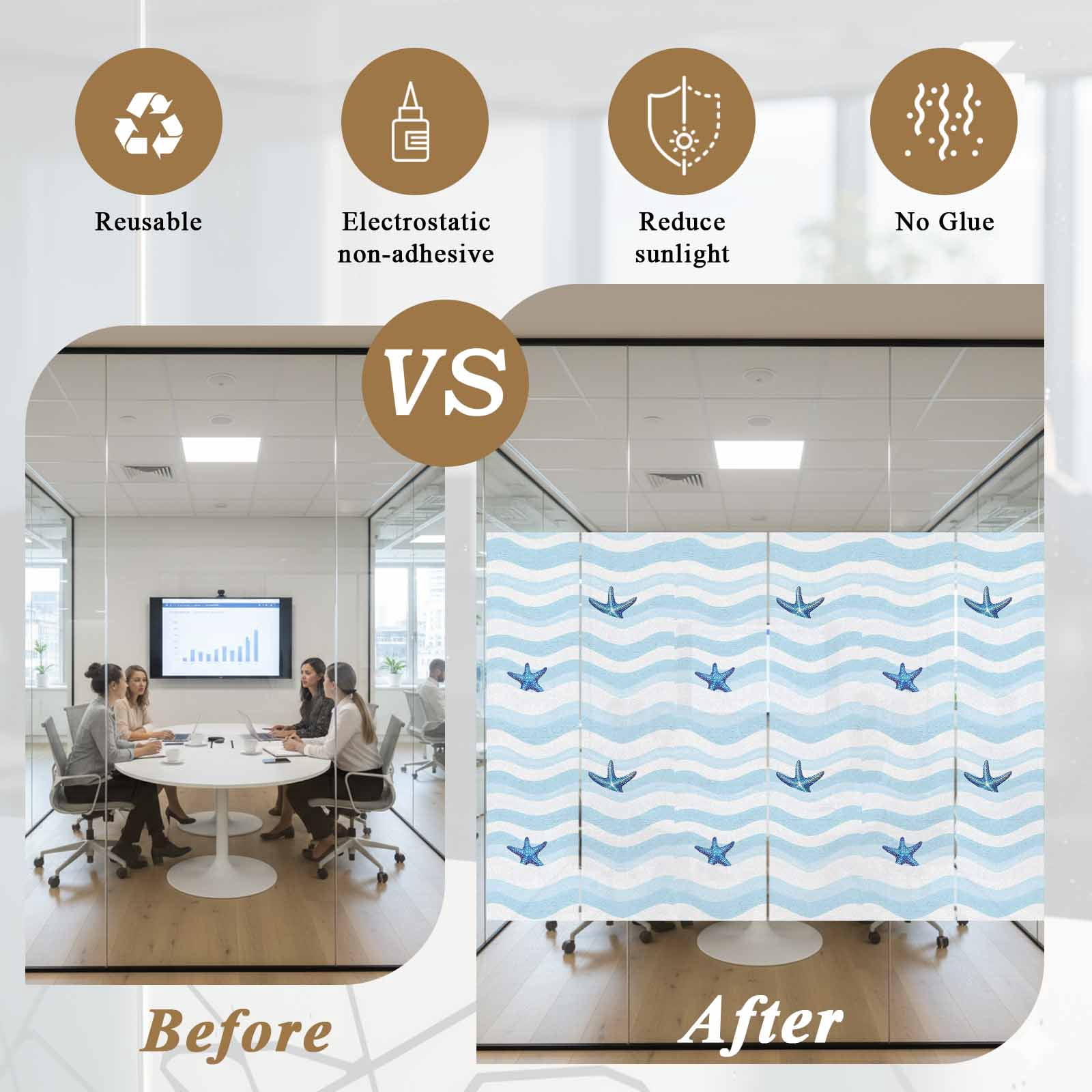 Abstract Ocean Waves Window Privacy Film, Nautical Starfish Blue White Stripes Frosted Glass Window Clings Static Cling UV Heat Blocking Reusable Door Sticker for Bathroom 23.6 x 59 Inch