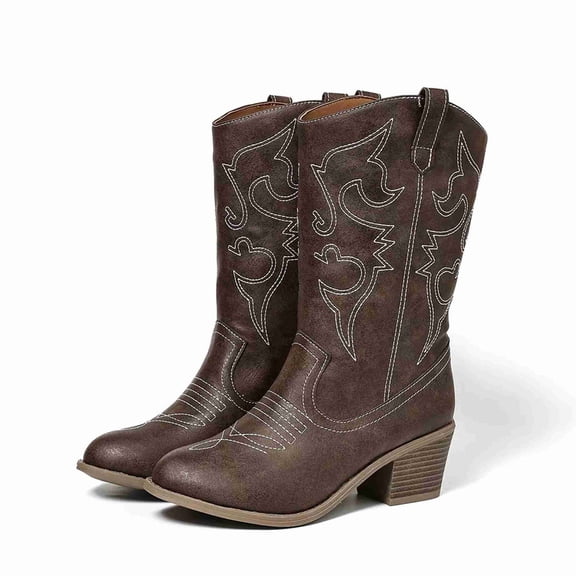 Women's Mid-Calf Cowboy Boots with Embroidered Detail, Round Toe & Stacked Heel, Vintage Western Style Boots for Chunky Heel Pull-On