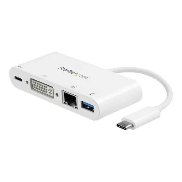 StarTech.com USB C Multiport Adapter, USB-C to DVI-D (Digital) Video Adapter with 60W Power Delivery Passthrough Charging, GbE, USB-A, Portable USB Type-C/Thunderbolt 3 Mini Laptop Dock - Dock with Ethernet (DKT30CDVPD) - External video adapter - USB-C - DVI, RJ-45 - white