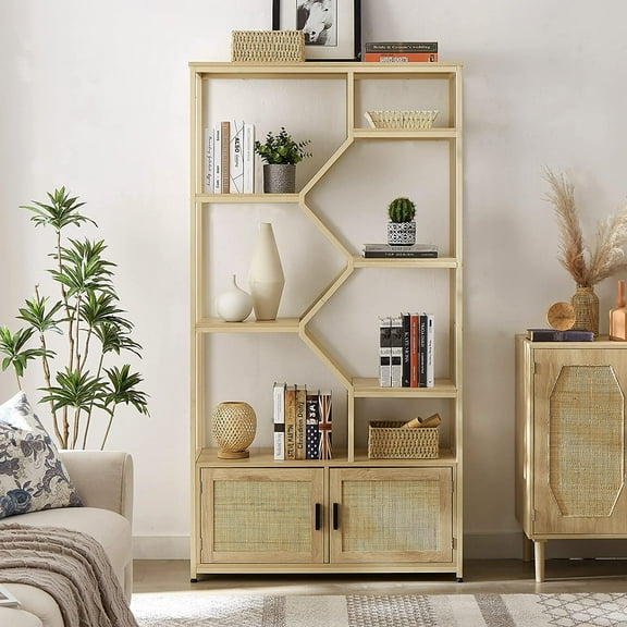 AngLink Rattan Bookshelf 5 Tiers Shelves, Boho Storage Rack for Living Room, Bookcases Storage Rack with Cabinet for Home Office