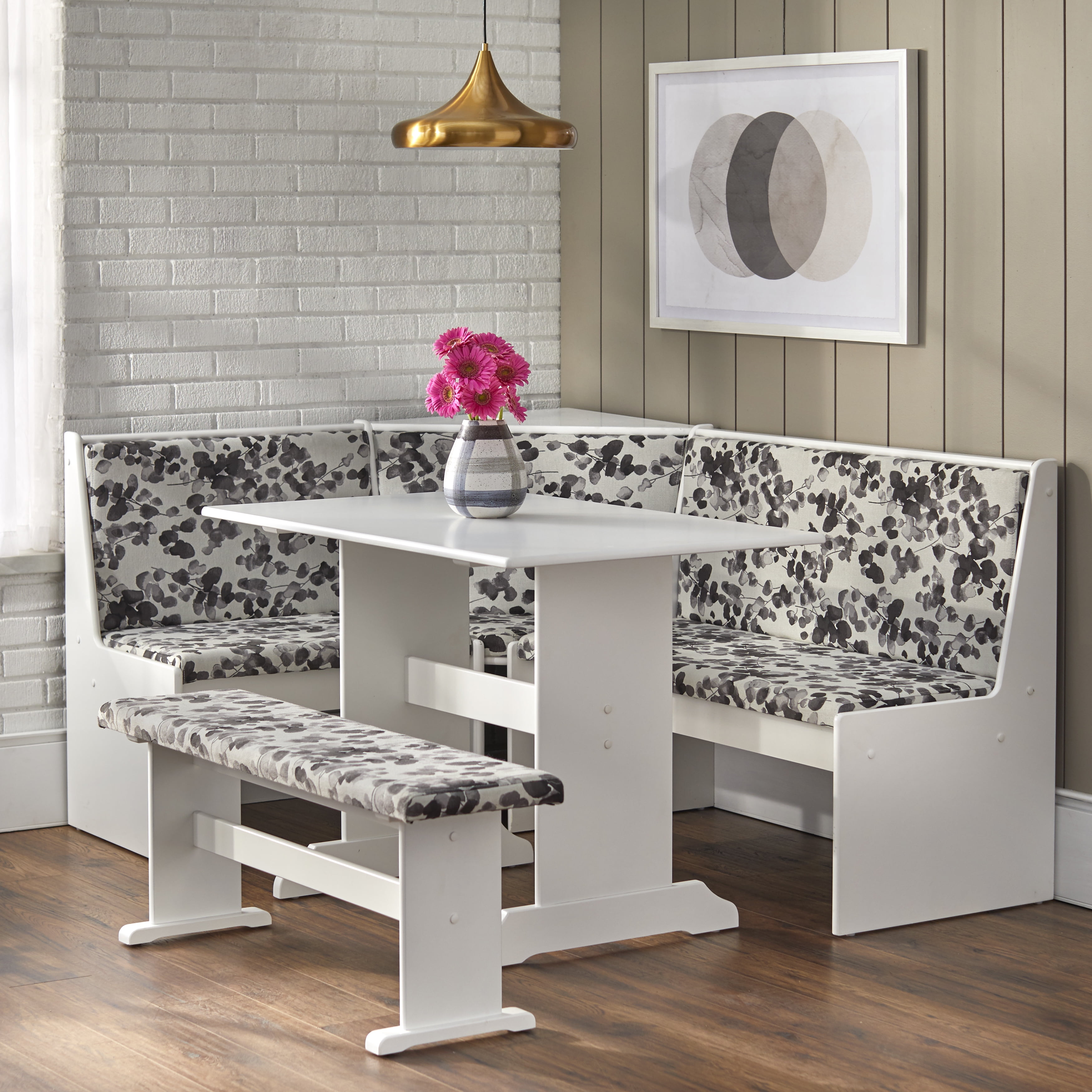 Free Shipping TMS Lacey 3 Piece Corner Reversible Indoor Dining Breakfast Nook with Padded Seats Includes Nook Table and Bench White Gray Leaf Pattern Walmart