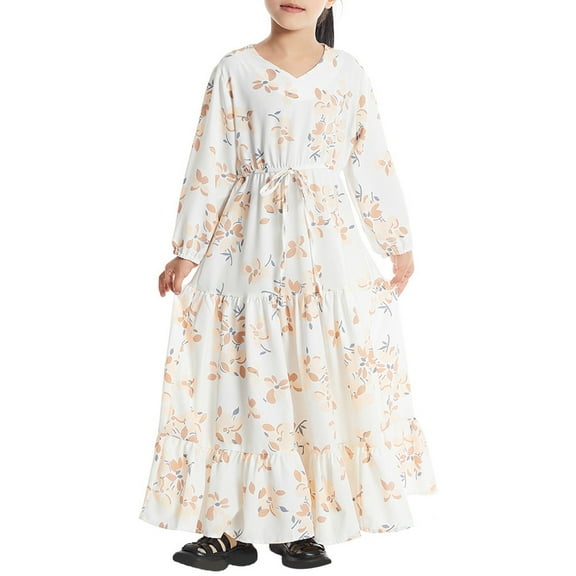 YunPes Girls Floral Dress Spring Summer and Autumn Long Sleeve Waist Middle and Large Children Cute Comfortable Long Dress Casual Dress