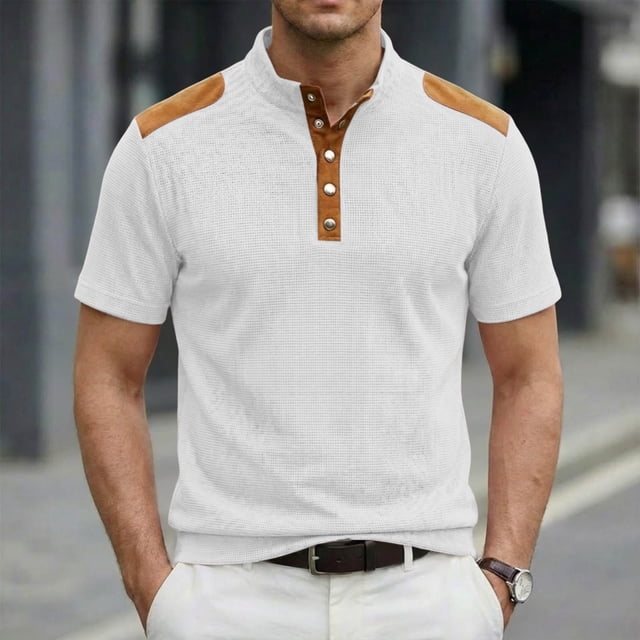 Ceisia Men's Loose Fit Ribbed Polo Shirt Short Sleeve Stand Collar Color Block Casual Daily Summer Tops White XL Gifts