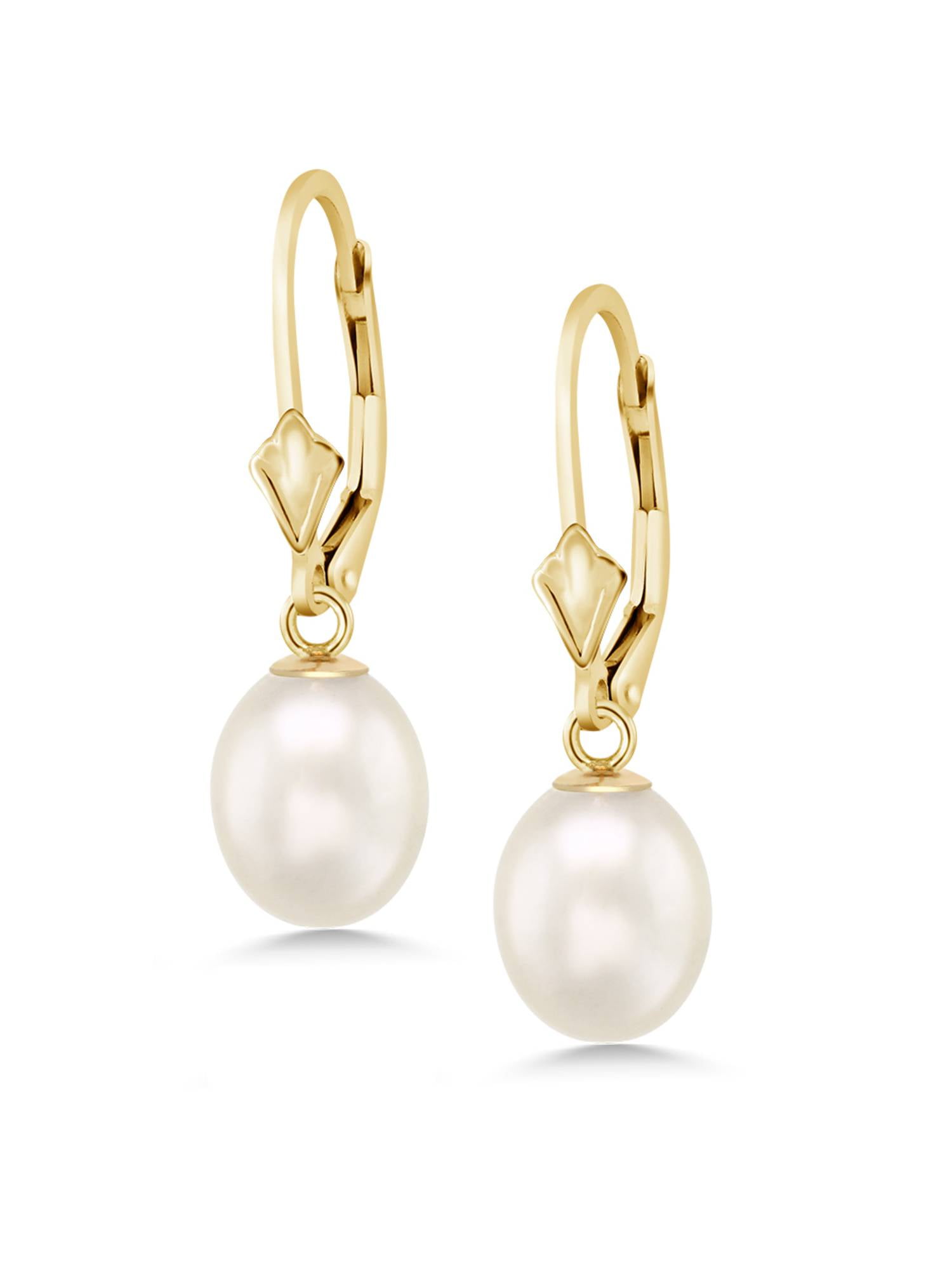 Gem Stone King Gorgeous 14KT Gold 9mm Cultured Freshwater Pearl Dangle Women's Earrings
