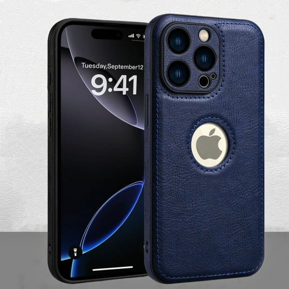 Vista de Logo para Funda de iPhone 14 Pro Max, Delgada Premium Vegana de Cuero Sintético Clásica de Lujo Elegante Cubierta Delgada, a Prueba de Golpes Protección Total - 6.7 Pulgadas (Azul)