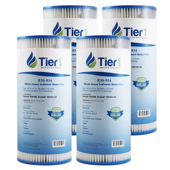 Tier1 50 Micron 10 x 4.5 Water Filter | Pleated Polyester Whole House Sediment Filter Cartridge | Replacement for Pentek R50-BB, 155053-43, SPC-45-1050 | High Flow 4.5 x 10 Water Pre-Filter (4-Pack)