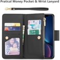 thumbnail image 2 of Case for iPhone XR, Glossy PU Leather 9 Card Slots Magnetic Closure Detachable Wrist Strap Zipper Wallet Shockproof Removable Back Cover Case - Black, 2 of 16