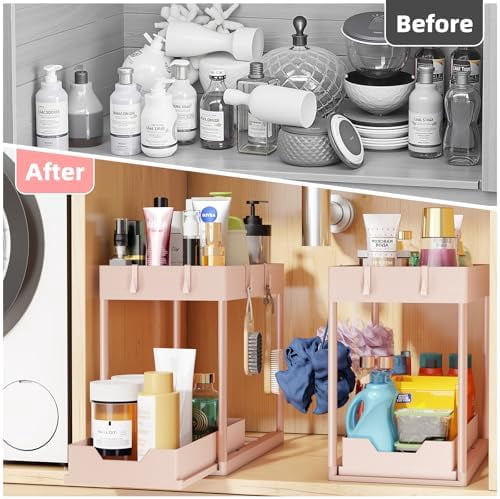 Under Sink Organizer 2 Pack, Sink Pull-Out Sliding Storage Cabinet, 2-Tier Under Shelf Organizer for Kitchen Bathroom, Pink
