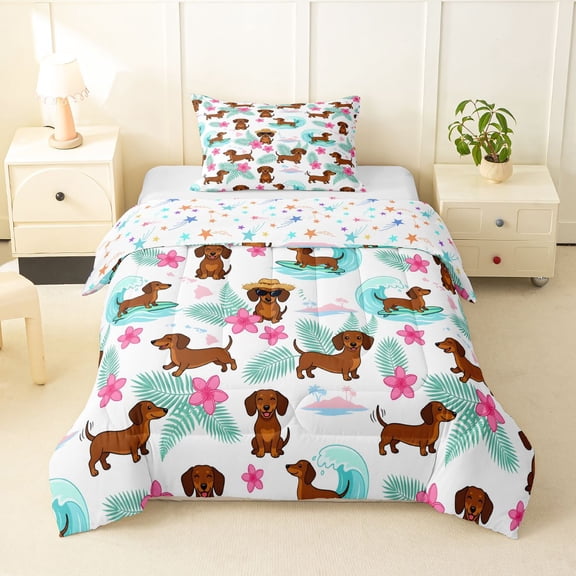 Homewish Funny Dachshund Animal Twin Comforter Sets,Pretty Hibiscus Flower Bedding Set,Ocean Wave Decor,Colorful Stars Reversible,2pcs,1 Comforter and 1 Pillowcase
