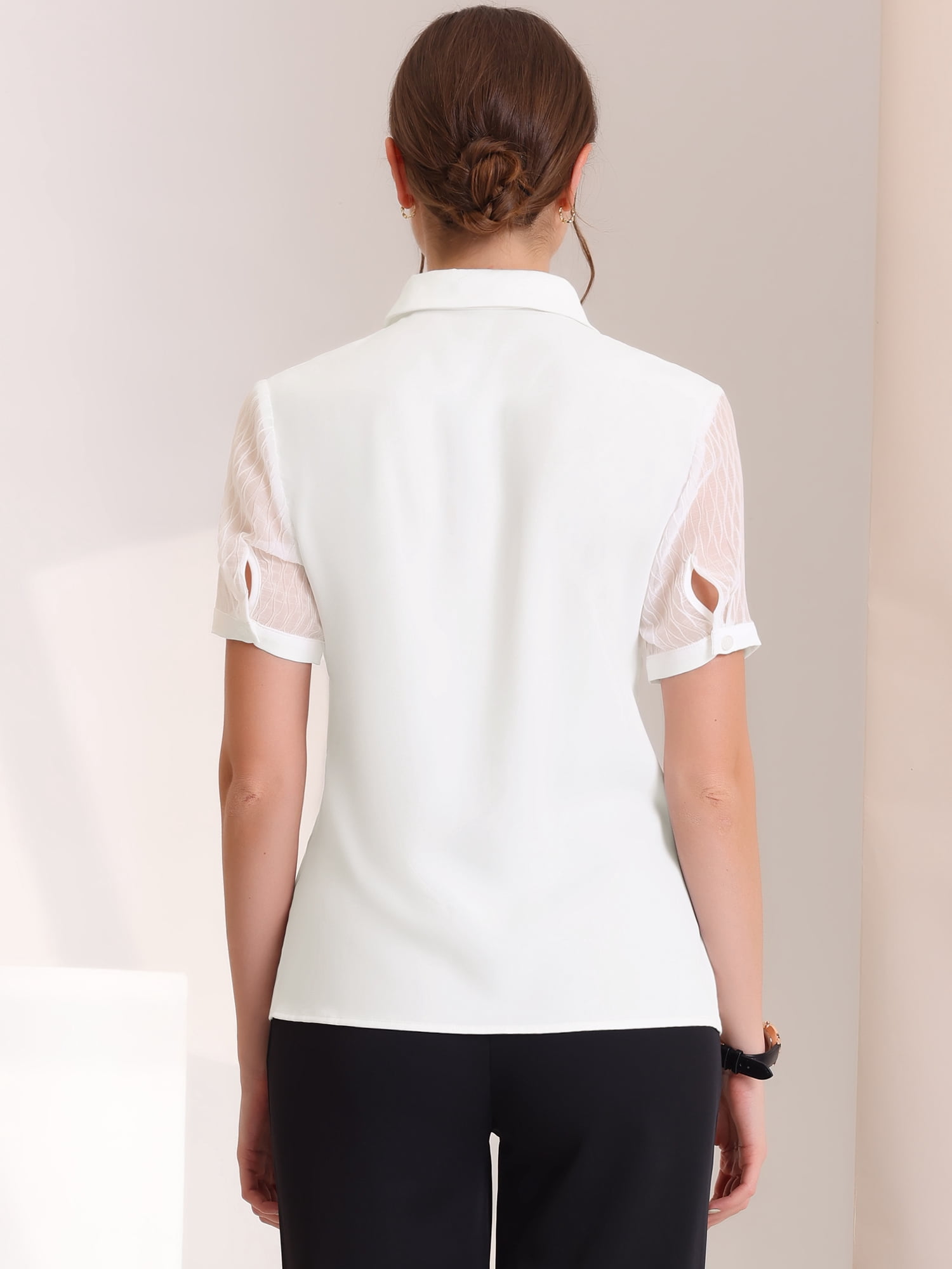 DARING DIVA Women's Button Down Sheer Short Sleeve Point Collar Work Shirt  XS White