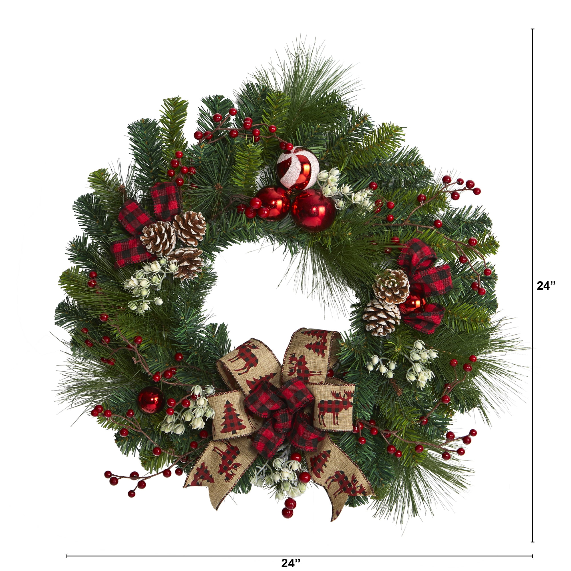 Nearly Natural 24" Christmas Pine Artificial Wreath w/Ornaments in Green