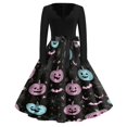 thumbnail image 2 of Women's Halloween Dress Bat Spider V Neck Hepburn Cocktail Casual Dresses Long Sleeve 1950s Classic Vintage Dress with Belt M, 2 of 5