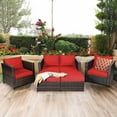 thumbnail image 2 of Costway 5PCS Patio Rattan Furniture Set Loveseat Sofa Ottoman Cushioned Red, 2 of 9