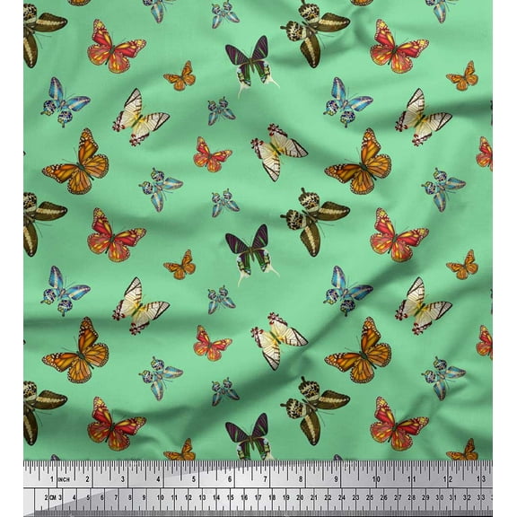 Soimoi Green Cotton Duck Fabric Colorful Butterfly Decor Fabric Printed Yard 42 Inch Wide