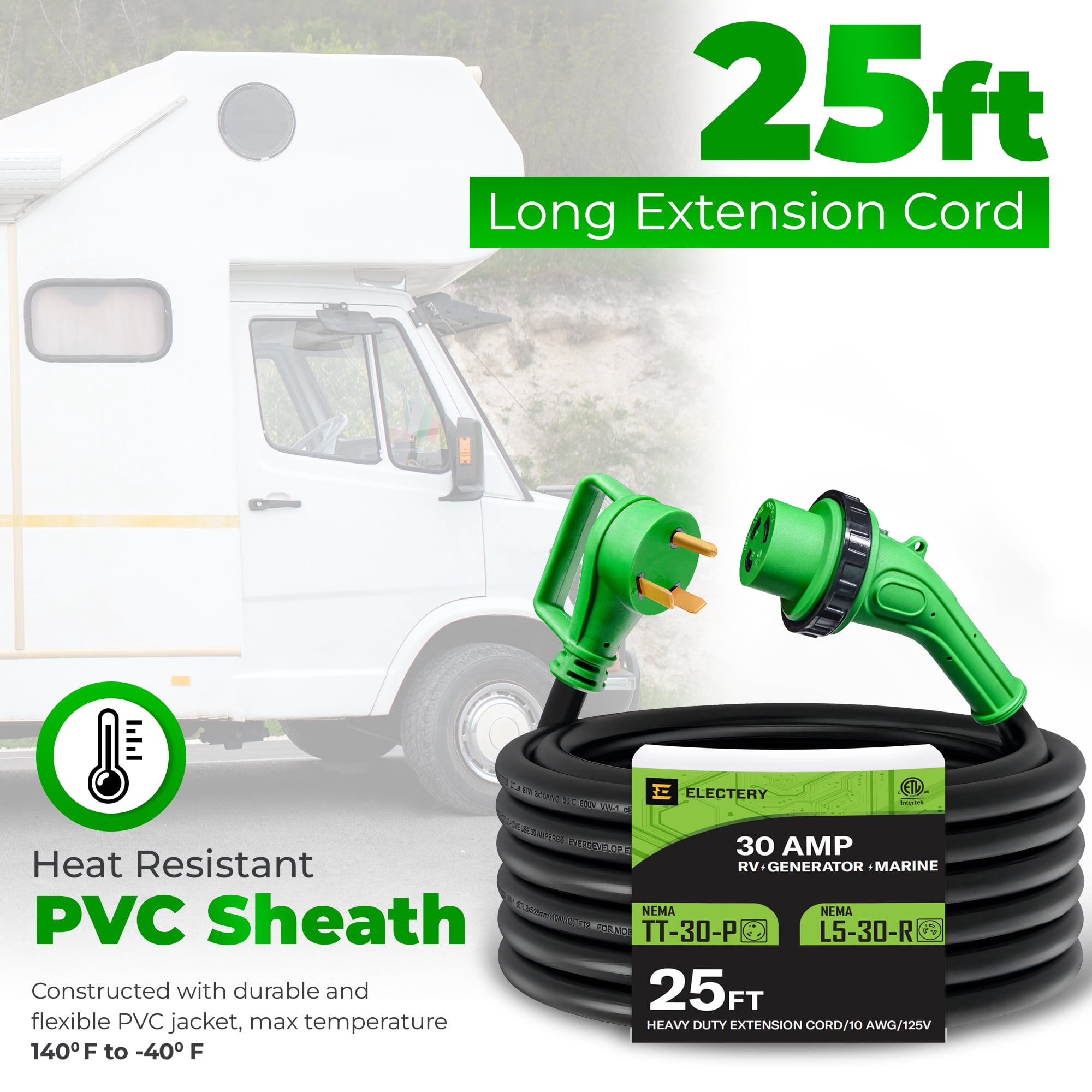30 Amp 25 Ft RV Power Extension Cord NEMA TT-30P to L5-30R with Twist Locking Adopter, Heavy Duty STW Cord 3 Prong 10 Gauge for RV, Marine, Generator. ETL Listed