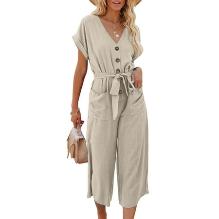 

Cindysus Women Baggy Buttons Jumpsuit Ladies Casual Playsuit Wide Leg Daily With Belt Fashion Rompers
