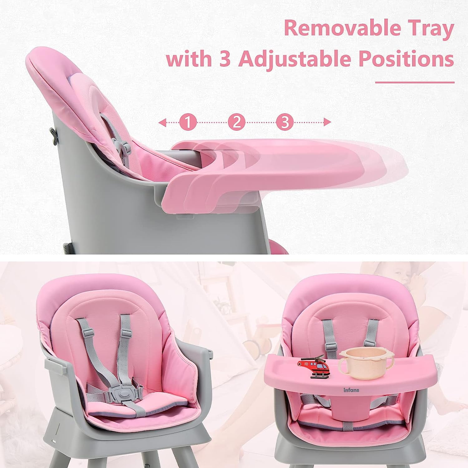 INFANS 8 in 1 Baby High Chair, Convertible Highchair for Babies and Toddlers, Infant Dining Booster Seat, Building Block Table, Kids Stool Table Chair Set with Removable Tray (Pink)