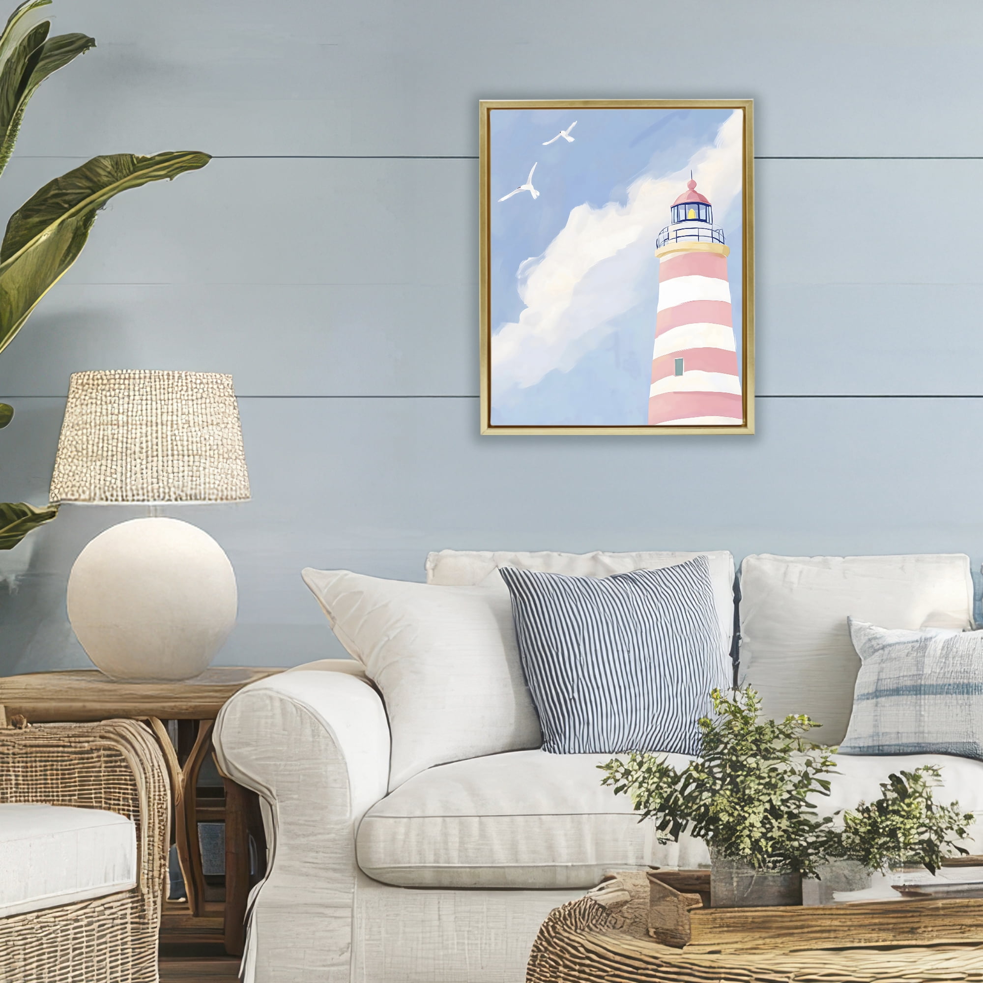 Stupell Industries Striped Lighthouse with Seagulls Gold Framed Floater Canvas Wall Art, design by The Prints Vibe