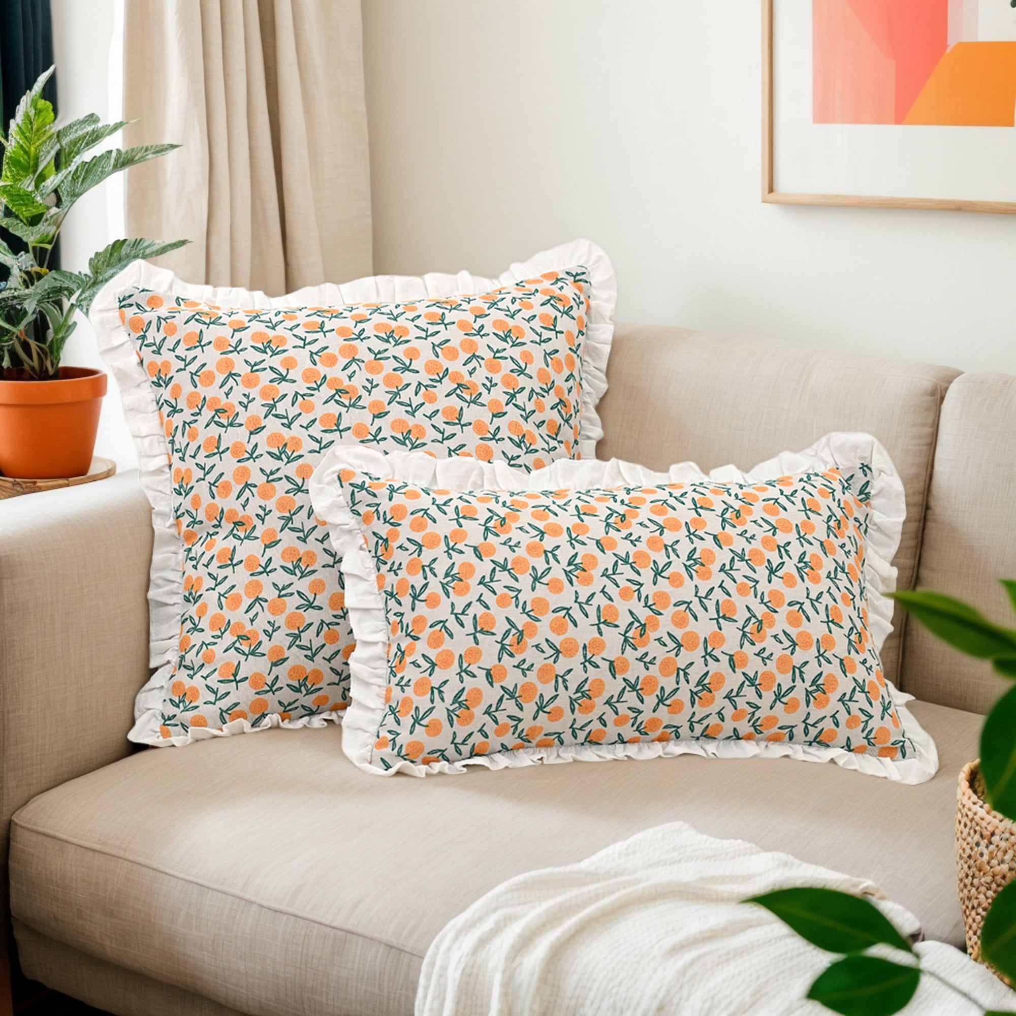 Unique Bargains Set of 2 Leaf Print Pillow Covers with Ruffled Trim Orange 18" x 18"