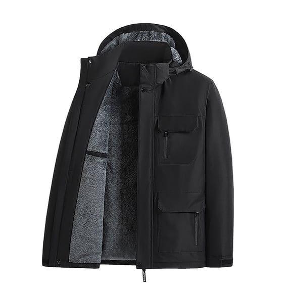 Baqcunre Men's Solid Polar Fleece Thickened Windproof And Rainproof Hooded Coat Breathable Outdoor Jacket,L,Rain Jacket Men,Mens Winter Jacket,Winter Coats For Men,Mens Clothes,,Black