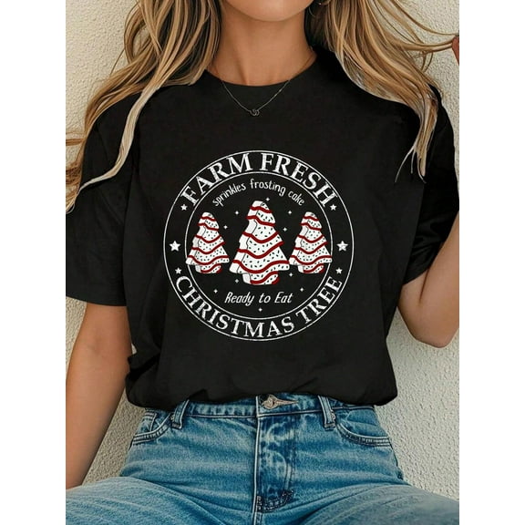 Women Cotton Tshirt Farm Fresh Christmas Tree Xmas Cake Holiday Family Matching T-Shirt Comfort Tshirt Women