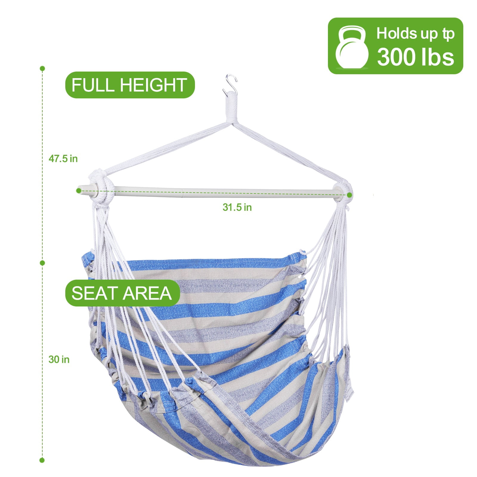 Backyard Expressions Striped Hammock Chair Hanging Rope Swing Chair, Anti Slip Steel Spreader Bar