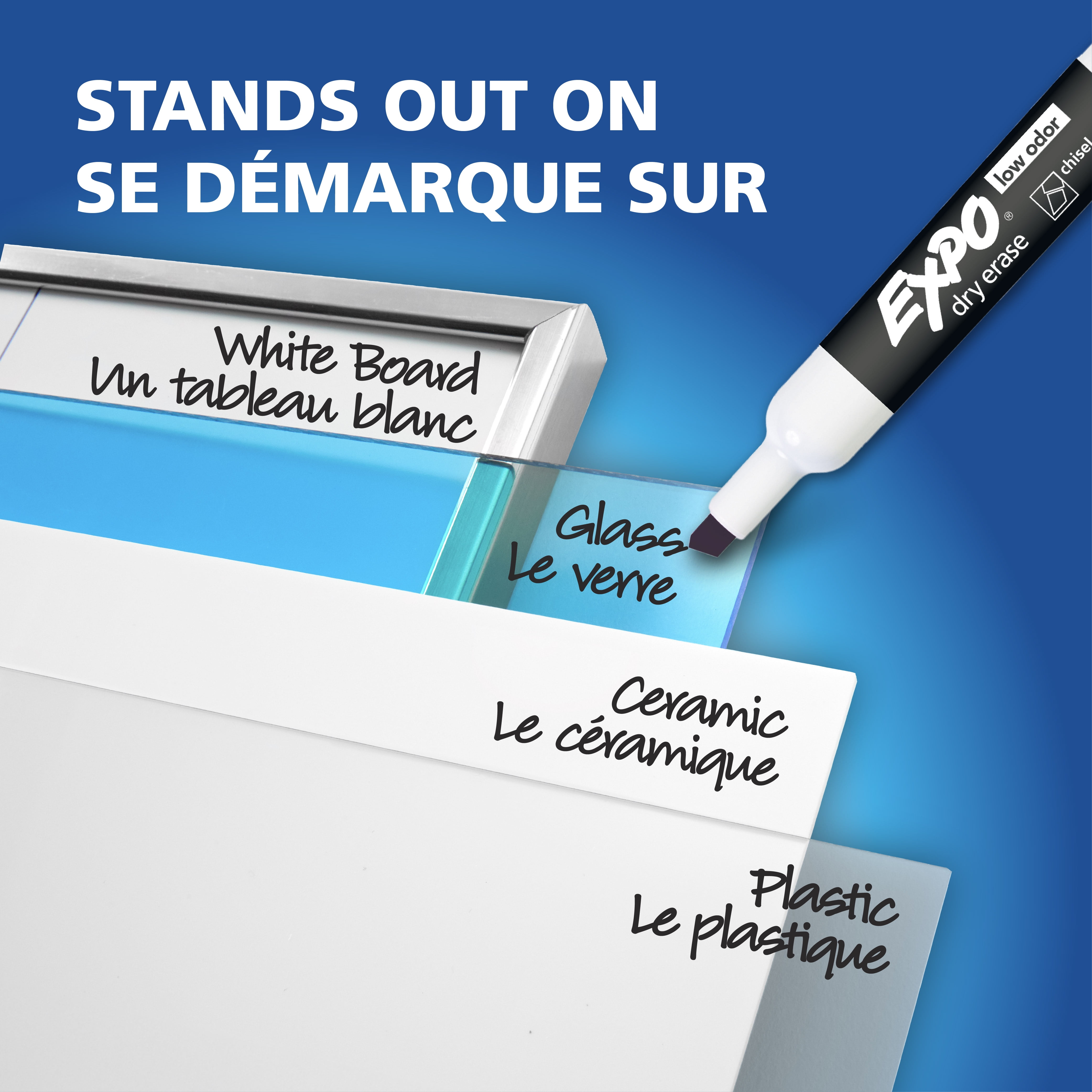 Marqueurs effaçables à sec EXPO, encre à faible odeur, couleurs variées, pointe biseautée, 4 unités