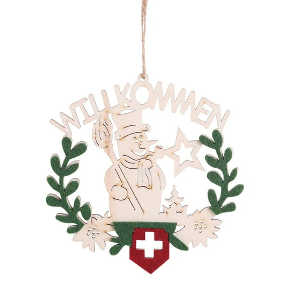 Wooden Christmas Door Hanging Ornament – Round Sign with Santa, Reindeer & Snowman – Rustic Holiday Decor for Tree, Wall, Window, Gift Tag