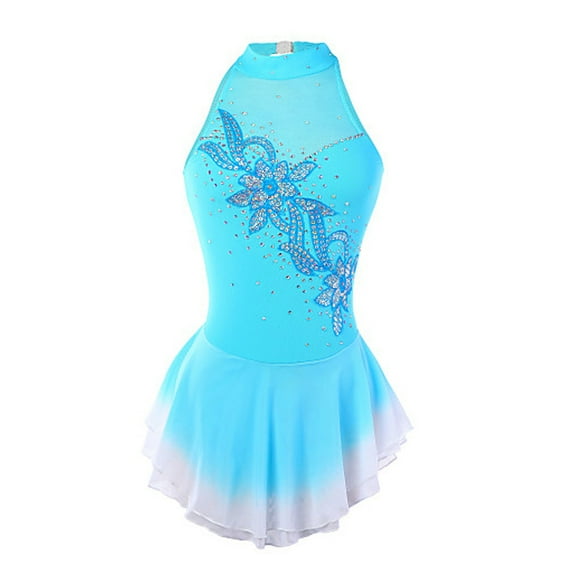 LIUHUO Custom Sleeveless Figure Skating Dress Girls Ladies Blue Spandex Sequined Flowers Diamond Embellishments Layered Blue White Gradient Skirt