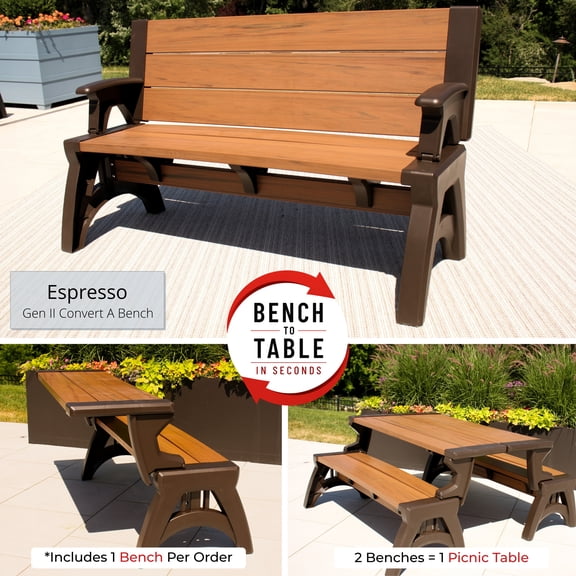 Convert a Bench 60" Outdoor / Vinyl Patio Bench Picnic Table, Espresso, Generation II
