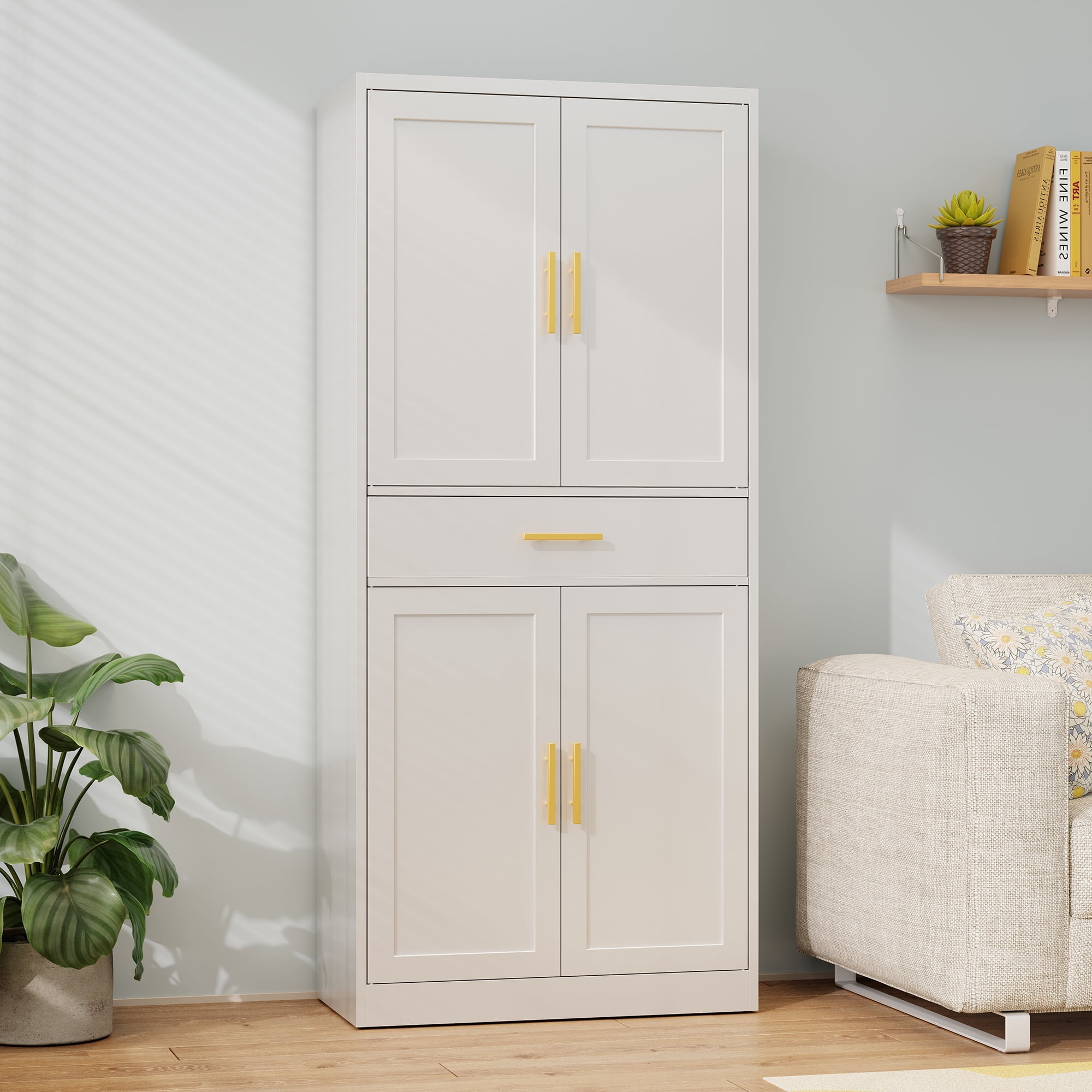 Metal Kitchen Pantry Cabinet, 71" Tall Cabinet with 1 Drawer, Doors and 2 Adjustable Shelves, Pantry Cabinets for Kitchen Storage, Metal Storage Cabinet for Kitchen, Dining Room-White