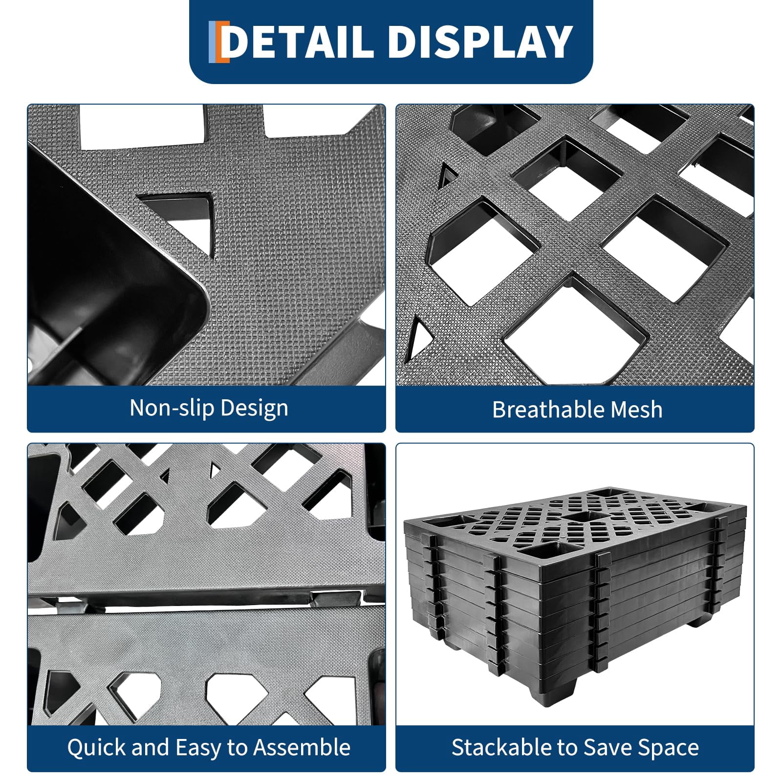 6-Pack Interlocking Plastic Pallets, 23.6x15.7x3.9 Inches, Heavy Duty Waterproof & Stackable Floor Pads for Garage, Basement, Storage Organization