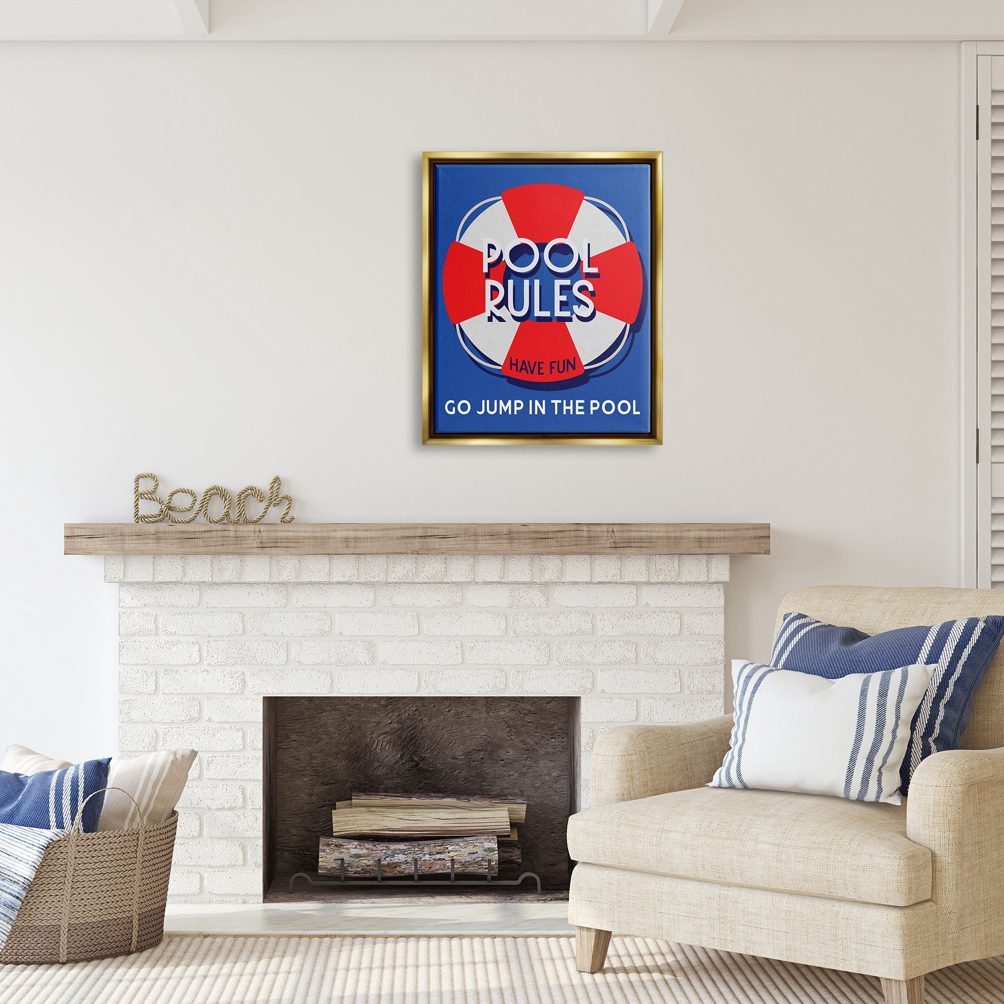 Stupell Industries Pool Rules Nautical Phrase Nature Painting Gold Floater Framed Canvas Art Print Wall Art, 25 x 31
