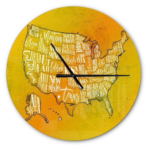 Designart 'United States Yellow Vintage Map ' Modern wall clock