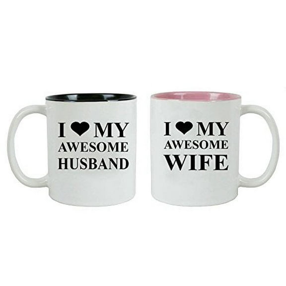 I Love my Awesome Husband/Wife Ceramic Coffee Mug Bundle Set - Great for Valentines Day, Christmas, Anniversaries