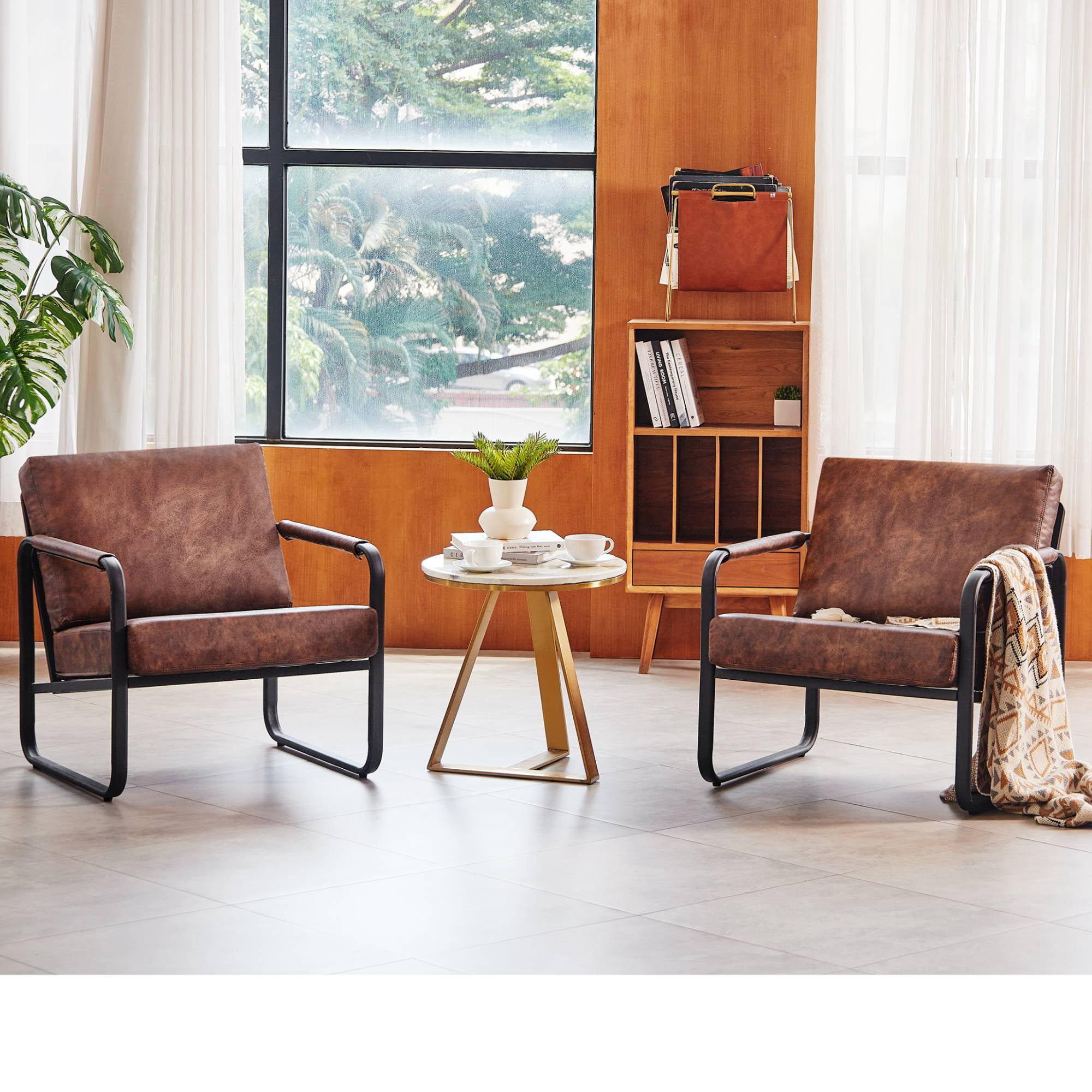TrumanPick PU Leather Accent Chair Set of 2 Mid-Century Armchair Metal Frame Sofa Chair Comfy Lounge Chair for Living Room, Brown