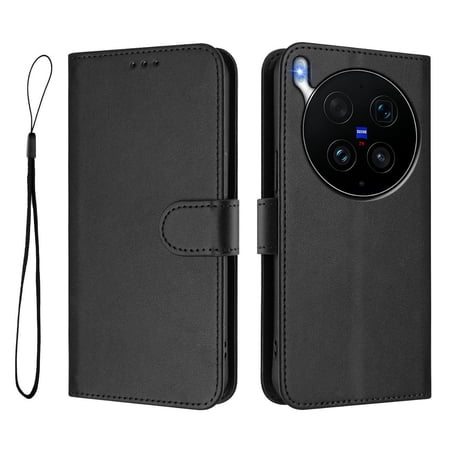 Vintage Cowhide RFID Blocking Wallet PU Phone Case, Flip Folio Leather Cover with Card Slots, Kickstand & Hand Strap, Shockproof Protective Case for VIVO X300 ULTRA 5G Smartphones-Black