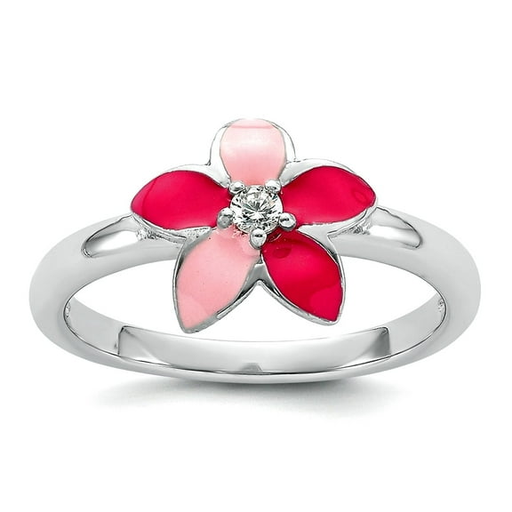 925 Sterling Silver Rhodium Plated Cubic Zirconia and Enamel Flower Mini Ring Size 4 9mm Wide 1.8mm Thick Ring for Women