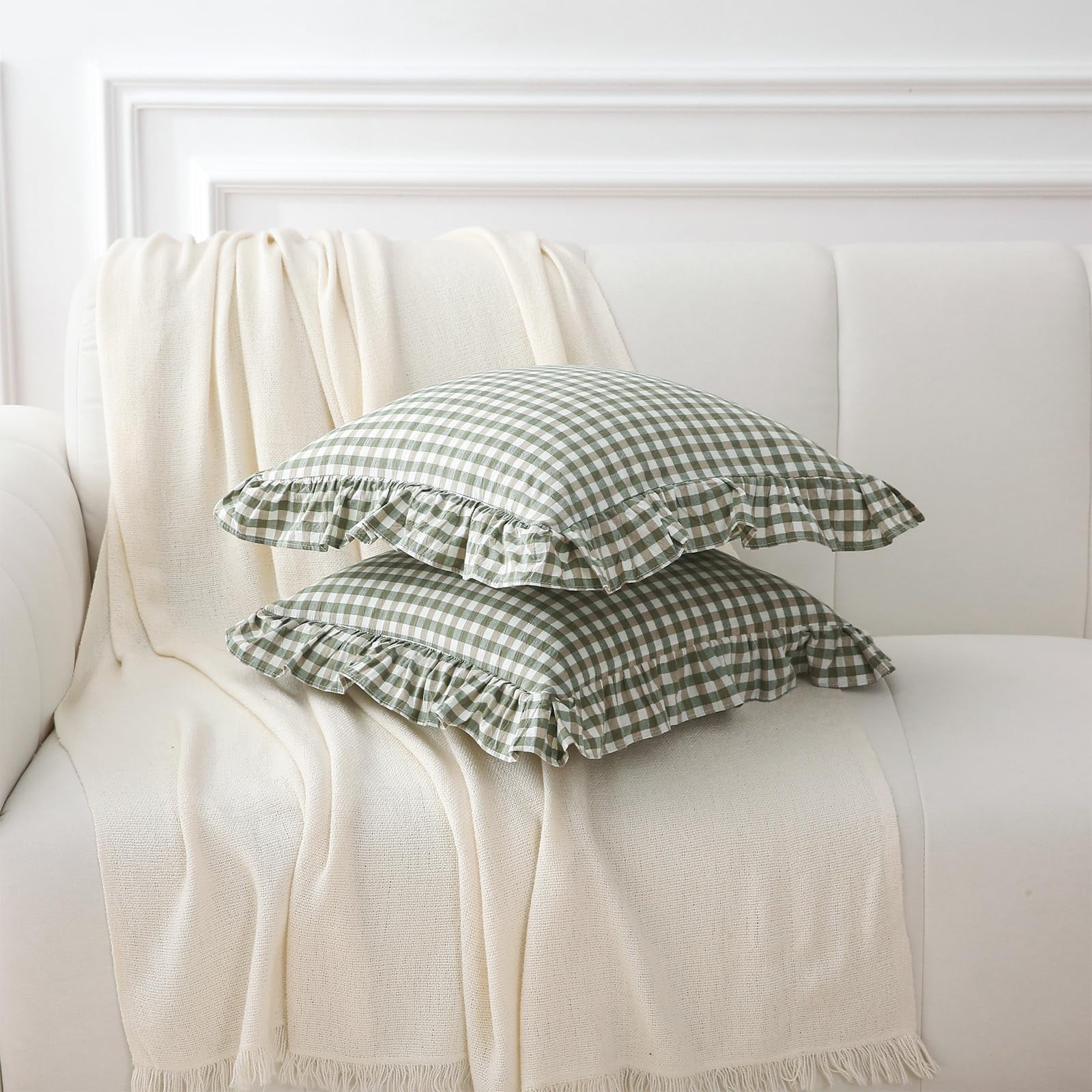 2 Pack Sage Green Plaid Ruffle Gingham Throw Pillow Covers, 100% Washed Cotton Checkered Farmhouse Decorative Pillow Shams for Bed/Sofa - 18''x18''