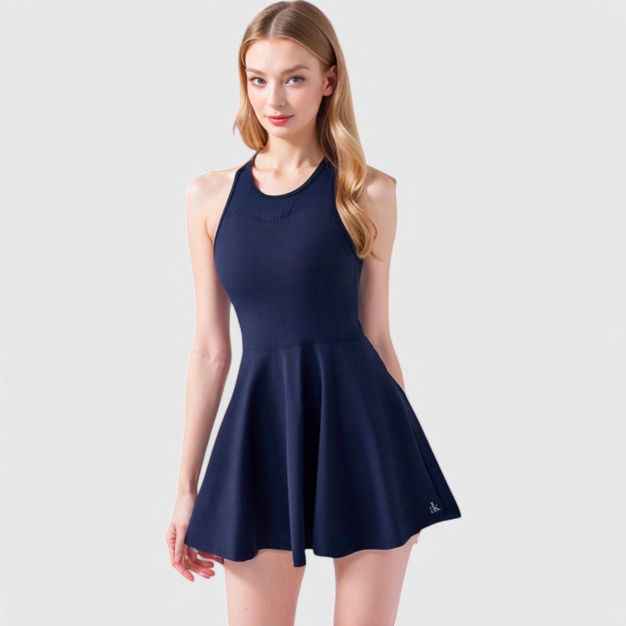 Women's High Neck Flowy Athletic Dress with Built-In Shorts - Medium, Navy