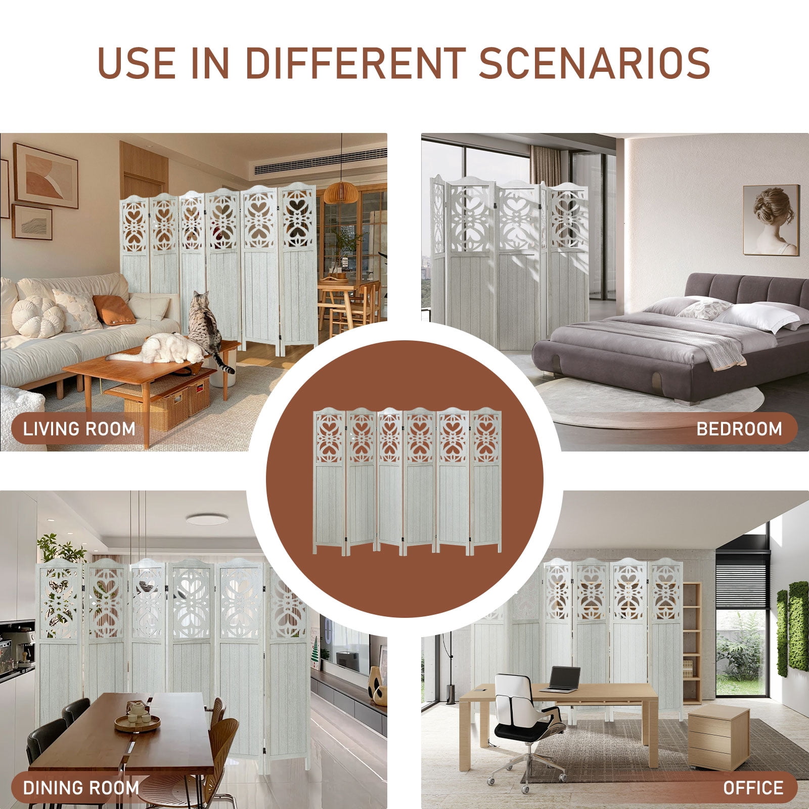 Aleesing 6 Panel Carved Room Divider, 5.6Ft Wood Fold Privace Screen, No Installation Require, White